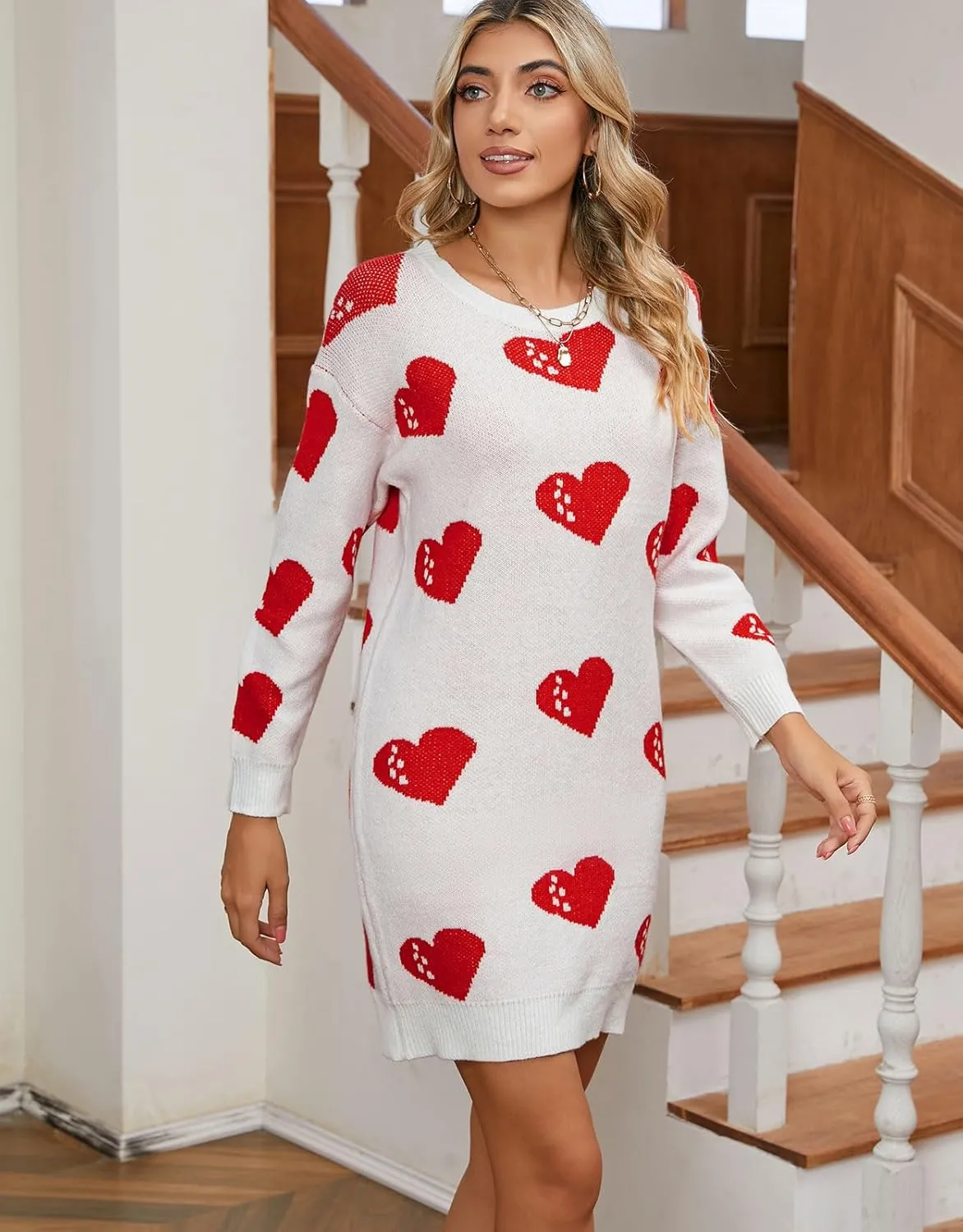 Women Cute Heart Shaped Crewneck Long Sleeve Chunky Knit Mini Sweater Dress