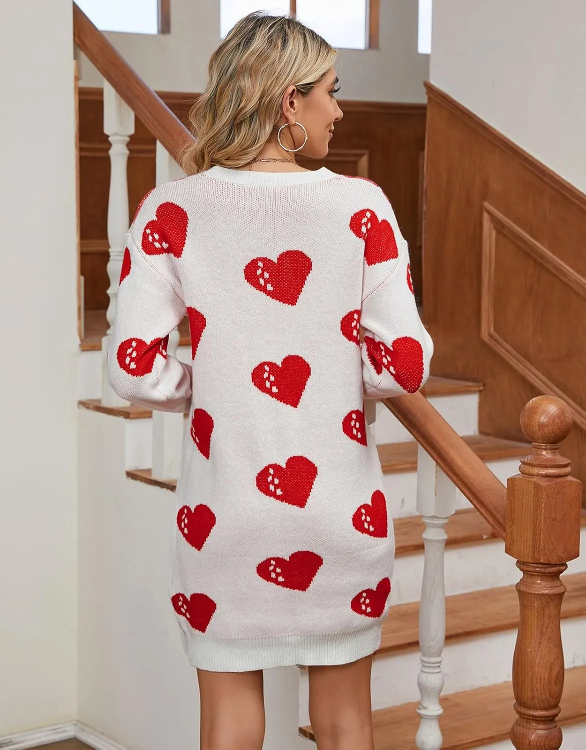 Women Cute Heart Shaped Crewneck Long Sleeve Chunky Knit Mini Sweater Dress