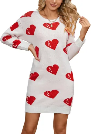 Women Cute Heart Shaped Crewneck Long Sleeve Chunky Knit Mini Sweater Dress