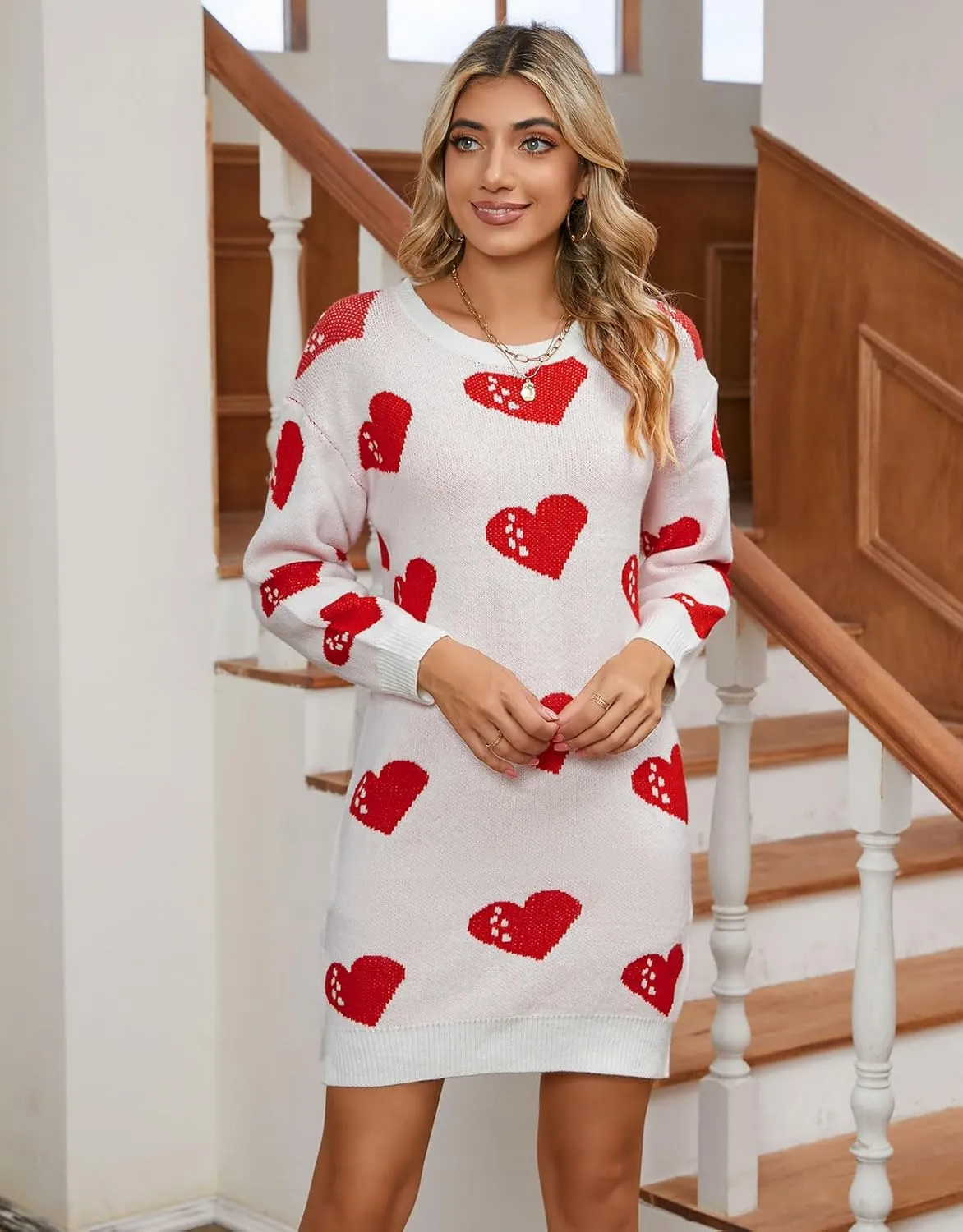 Women Cute Heart Shaped Crewneck Long Sleeve Chunky Knit Mini Sweater Dress