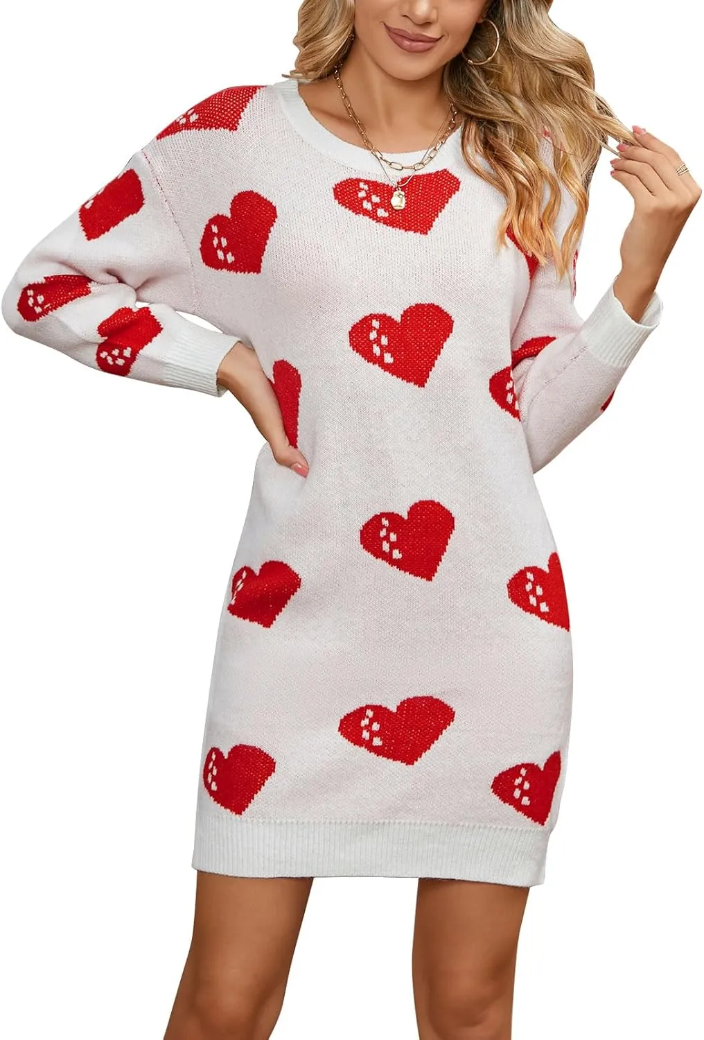 Women Cute Heart Shaped Crewneck Long Sleeve Chunky Knit Mini Sweater Dress