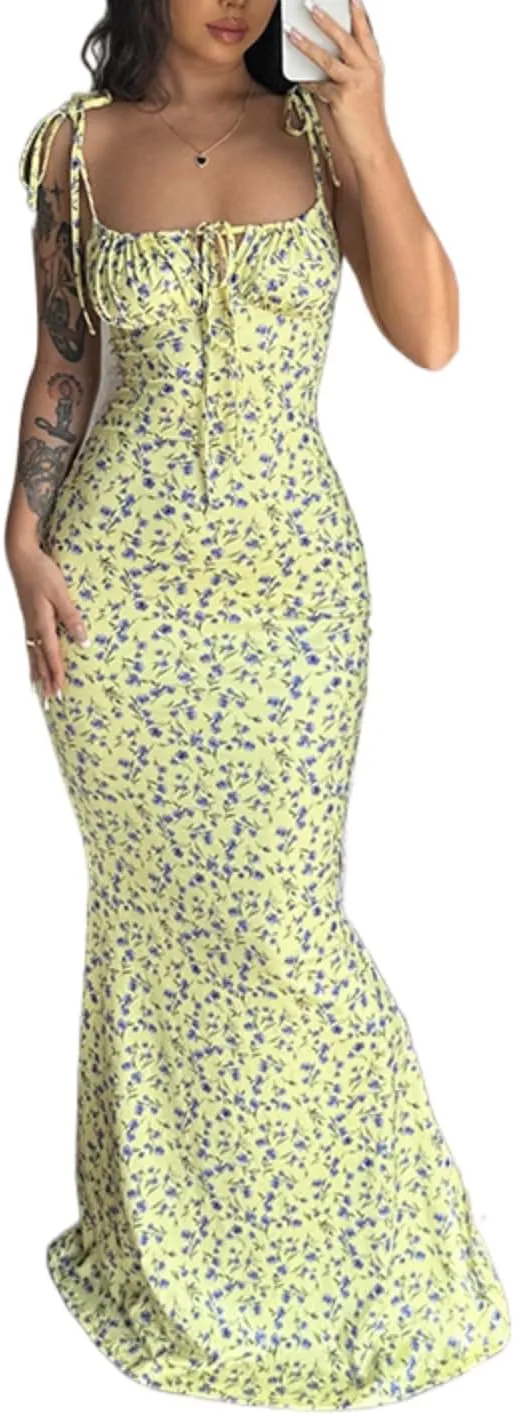 Women Floral Printed Spaghetti Strap Maxi Dress Long Dress Backless Tie Shoulder Mermaid Dress