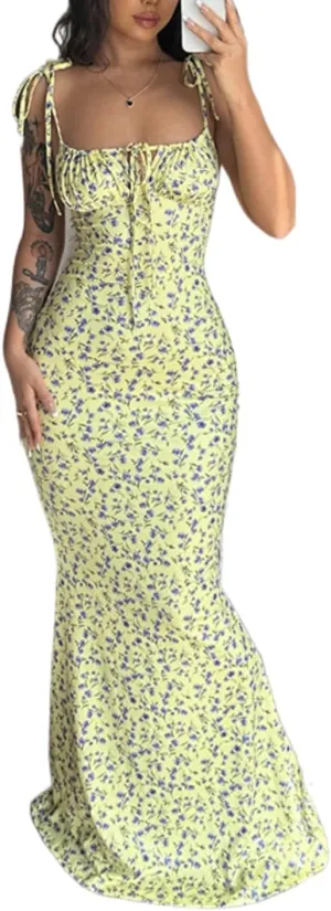 Women Floral Printed Spaghetti Strap Maxi Dress Long Dress Backless Tie Shoulder Mermaid Dress