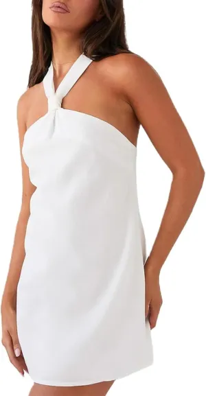 Women Halter Mini Dress Summer Y2K Solid Sexy Open Back Sleeveless Tie Up Bow Aesthetic Short Formal Dresses