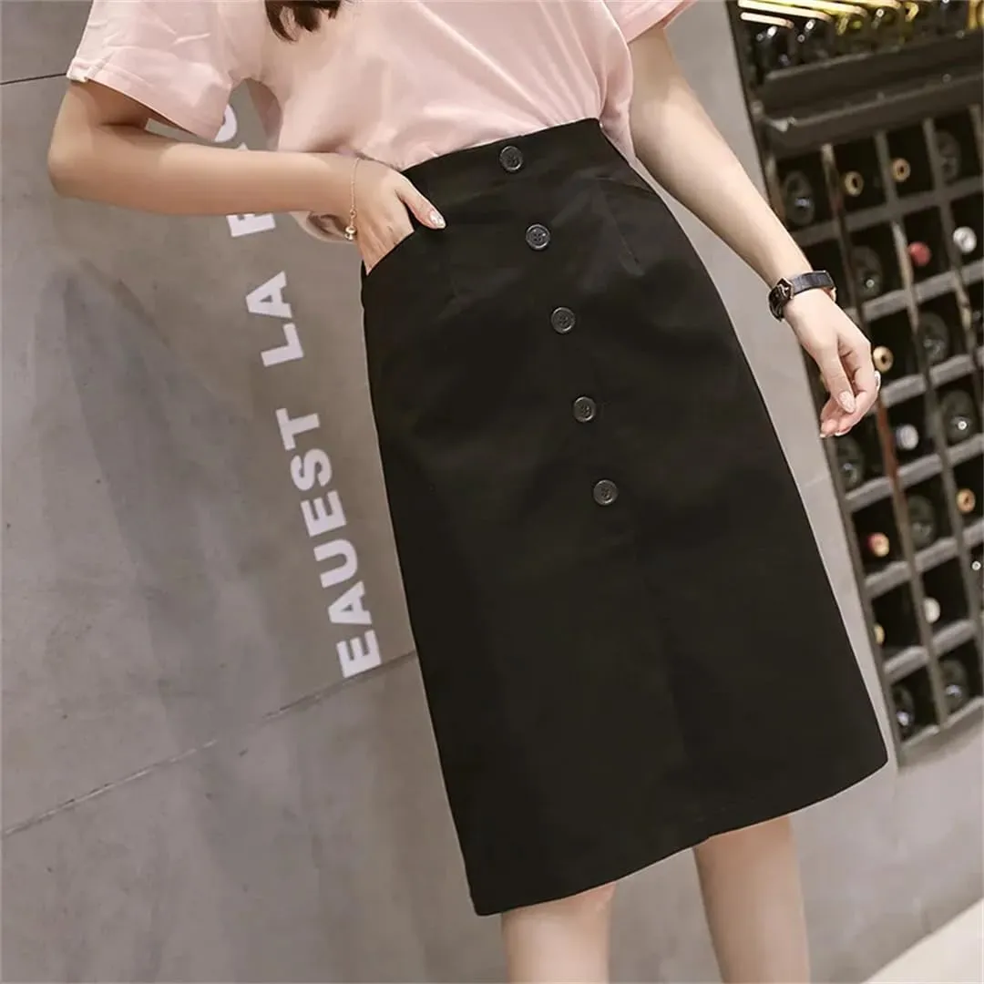 Women High-Waisted Elastic Waist Side Slit Reddish Colorful A- Line Basic Medium-Length Skirt