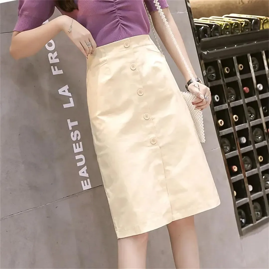 Women High-Waisted Elastic Waist Side Slit Reddish Colorful A- Line Basic Medium-Length Skirt