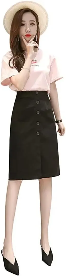 Women High-Waisted Elastic Waist Side Slit Reddish Colorful A- Line Basic Medium-Length Skirt