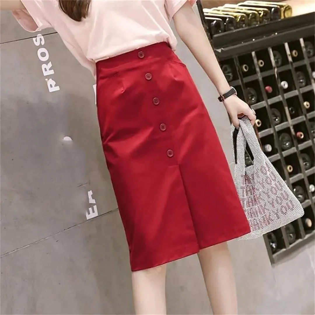 Women High-Waisted Elastic Waist Side Slit Reddish Colorful A- Line Basic Medium-Length Skirt