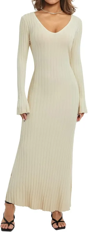 Women Long Sleeve Ribbed Knit Maxi Dress V Neck Slim Fit Knitted Bodycon Long Sweater Dress Casual Dresses Clubwear (Apricot 2, M)