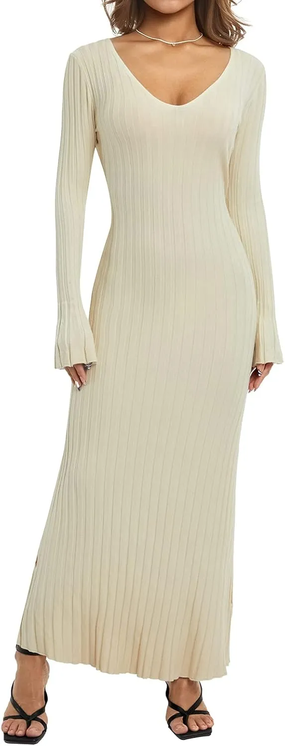 Women Long Sleeve Ribbed Knit Maxi Dress V Neck Slim Fit Knitted Bodycon Long Sweater Dress Casual Dresses Clubwear (Apricot 2, M)