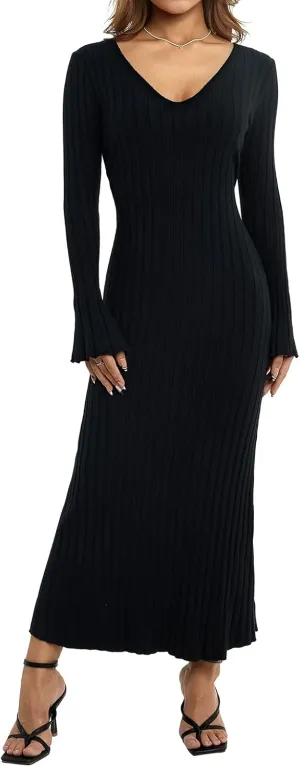 Women Long Sleeve Ribbed Knit Maxi Dress V Neck Slim Fit Knitted Bodycon Long Sweater Dress Casual Dresses Clubwear