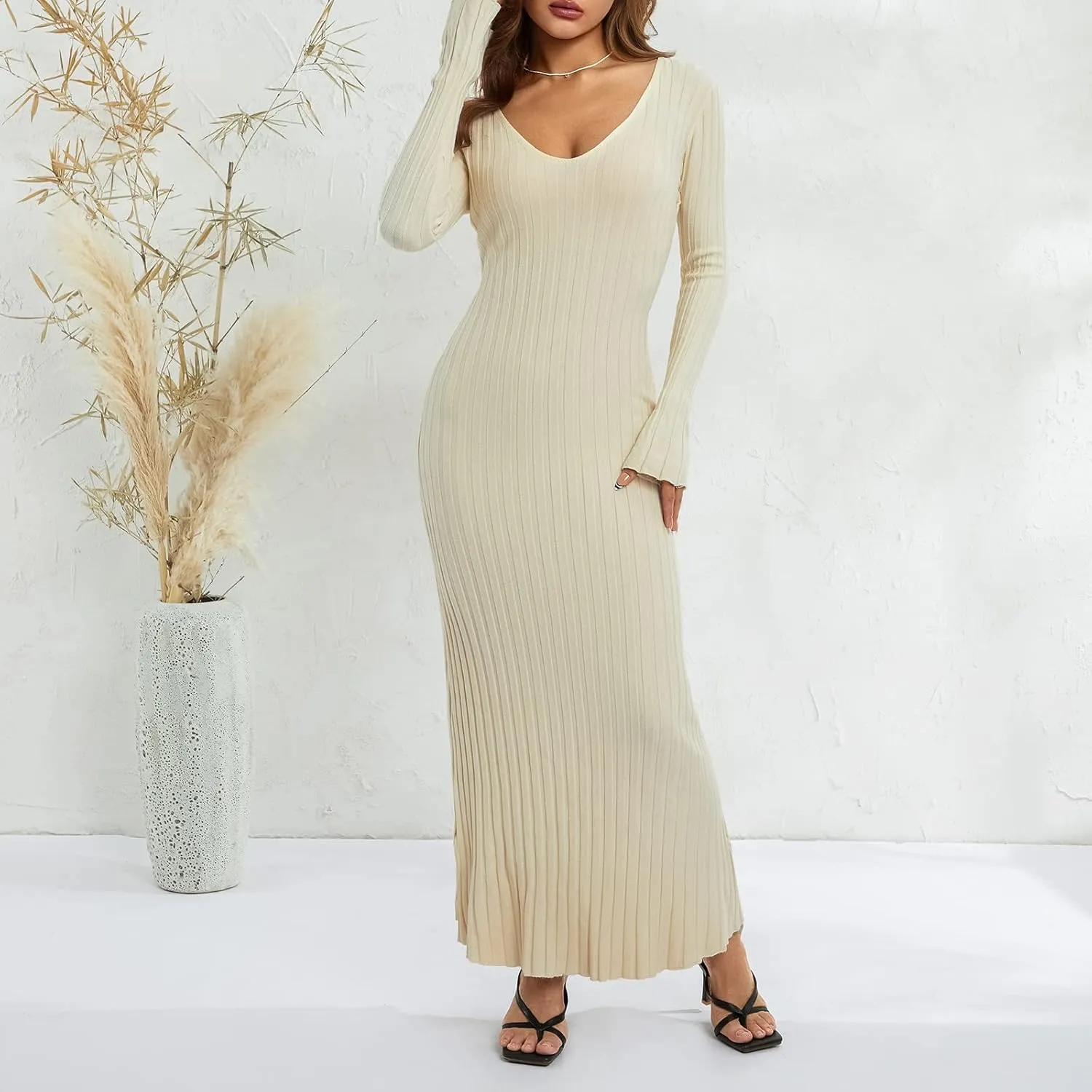 Women Long Sleeve Ribbed Knit Maxi Dress V Neck Slim Fit Knitted Bodycon Long Sweater Dress Casual Dresses Clubwear