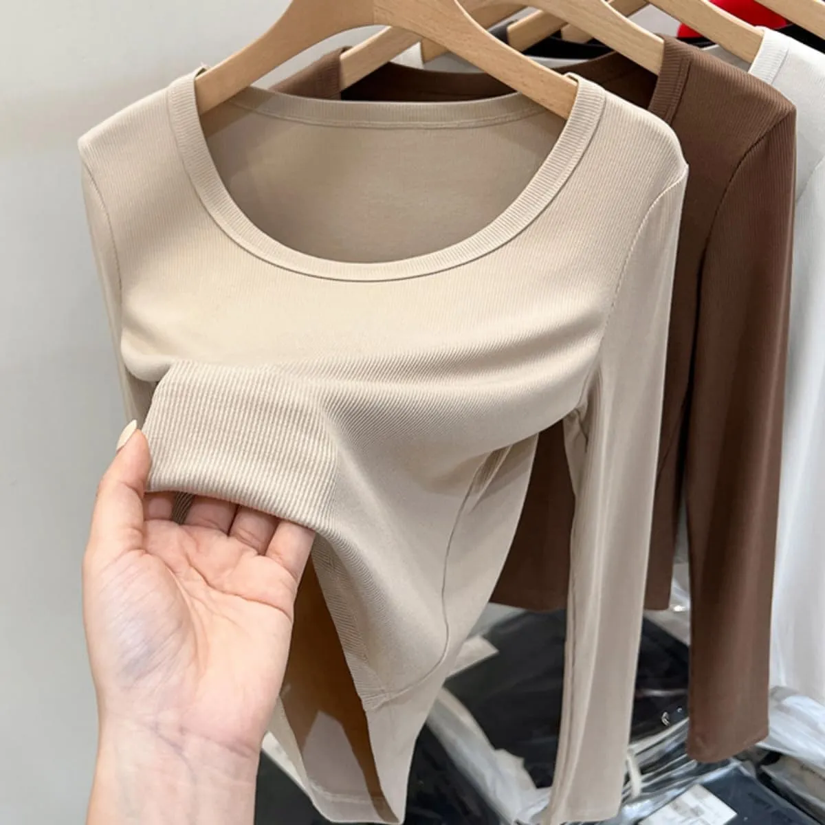 Women Ribbed Long Sleeve T Shirt - High Stretch Slim Fit Tee, Soft Basic Tops Women Long Sleeve T Shirt