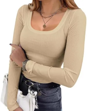 Women Ribbed Long Sleeve T Shirt - High Stretch Slim Fit Tee, Soft Basic Tops Women Long Sleeve T Shirt