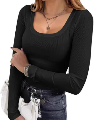 Women Ribbed Long Sleeve T Shirt - High Stretch Slim Fit Tee, Soft Basic Tops Women Long Sleeve T Shirt