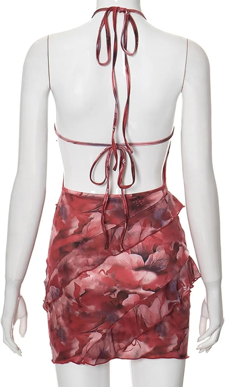 Women Sexy Halter Neck Backless Mini Dress Floral Layered Ruffle Bodycon Short Party Dress
