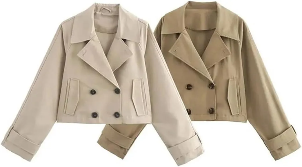Women Short Trench Coat Double Breasted Retro Lapel Long Sleeved Solid Versatile