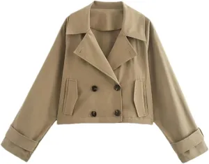 Women Short Trench Coat Double Breasted Retro Lapel Long Sleeved Solid Versatile