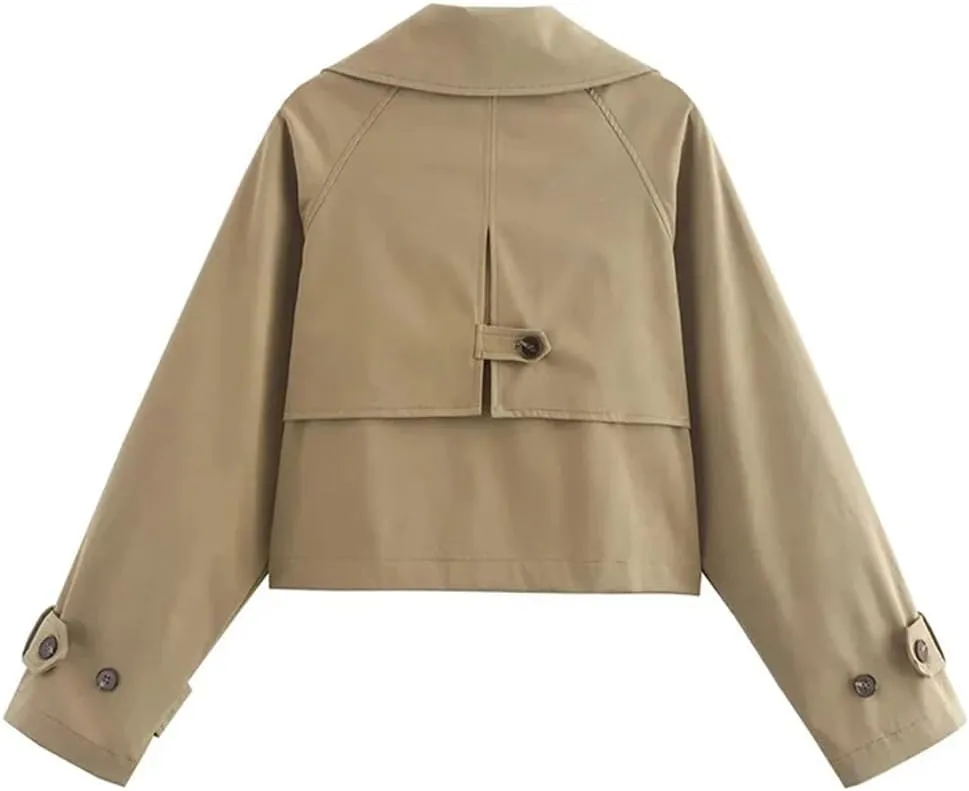 Women Short Trench Coat Double Breasted Retro Lapel Long Sleeved Solid Versatile