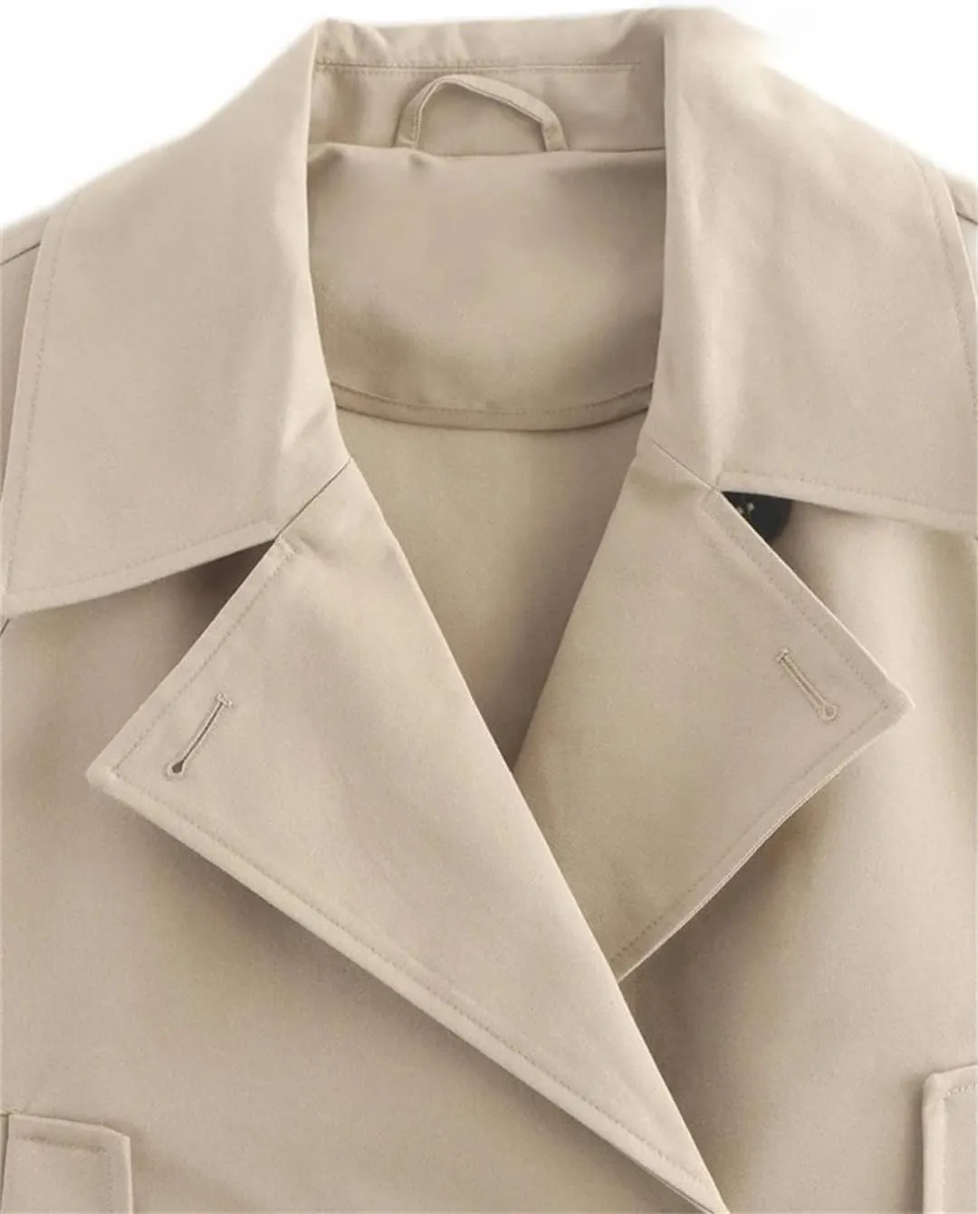 Women Short Trench Coat Double Breasted Retro Lapel Long Sleeved Solid Versatile
