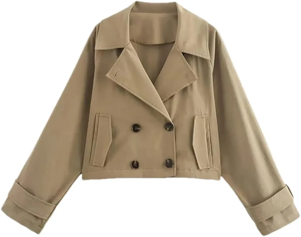 Women Short Trench Coat Double Breasted Retro Lapel Long Sleeved Solid Versatile