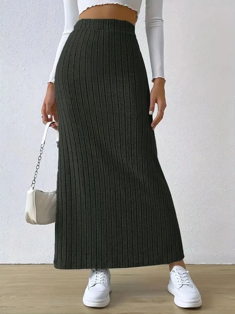 Women Slit Knit Stretchy Striped Maxi Skirts Slim Pencil High Waisted Casual Work Office Long Skirts