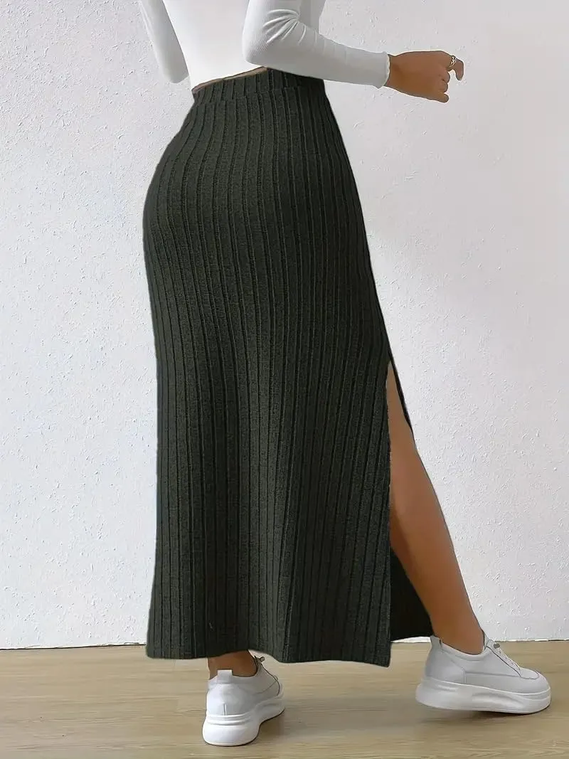 Women Slit Knit Stretchy Striped Maxi Skirts Slim Pencil High Waisted Casual Work Office Long Skirts