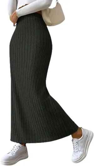 Women Slit Knit Stretchy Striped Maxi Skirts Slim Pencil High Waisted Casual Work Office Long Skirts