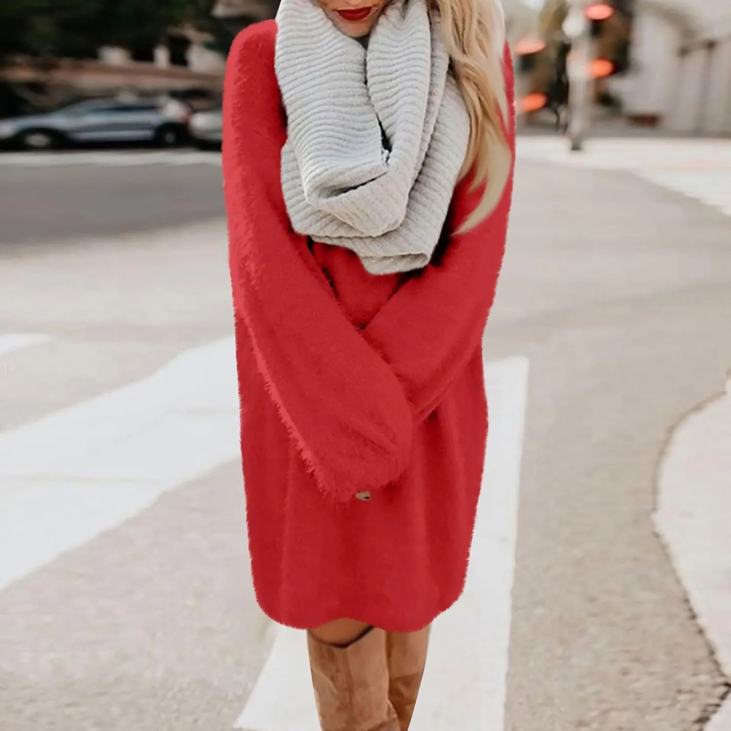 Women Sweater Dress Fuzzy Slouchy Oversized Long Sweaters Casual Loose Long Sleeve Crewneck Tunic Sweatshirt Dress