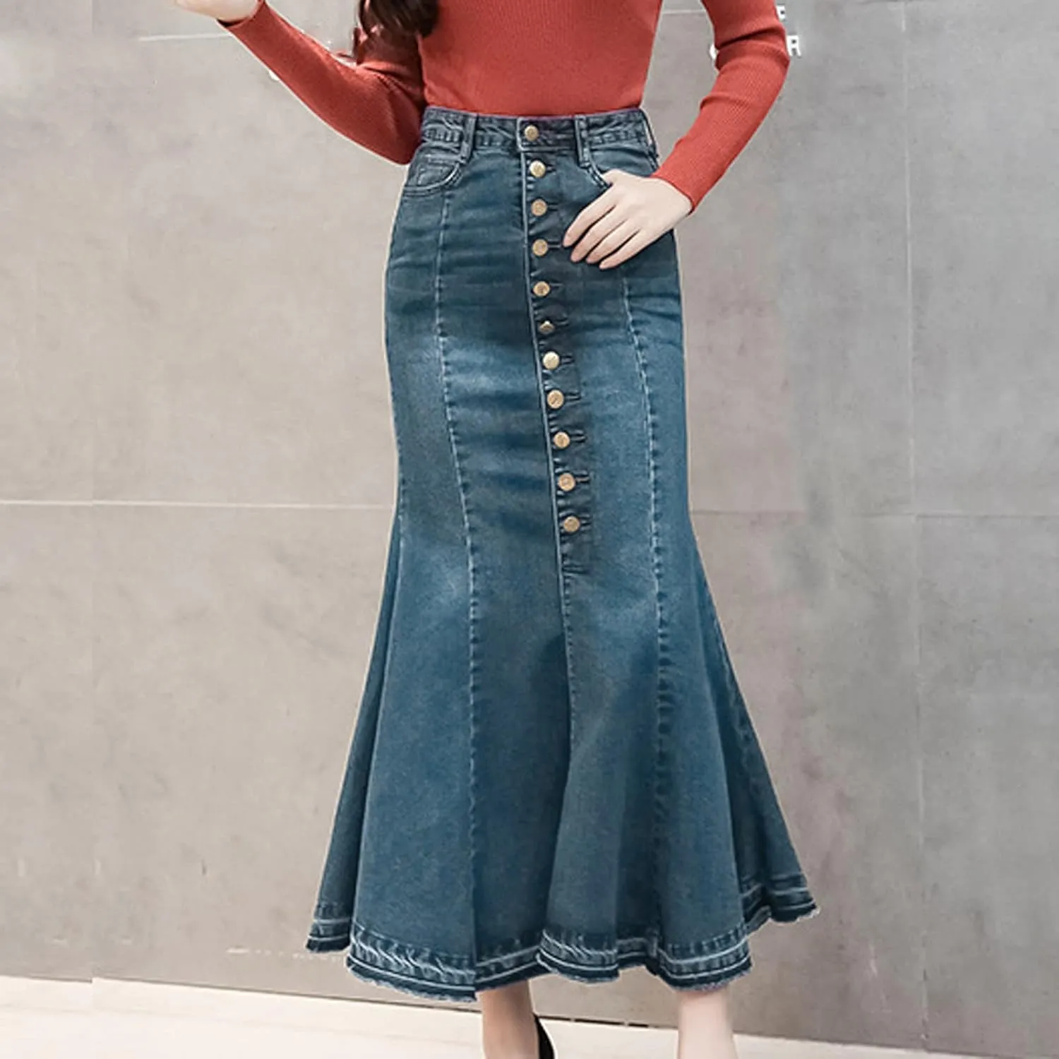 Women Top Denim Skirt Medium Length Skirt Slim Fit Denim Button-Front Skirt Midi Skirt Umbrella Skirt