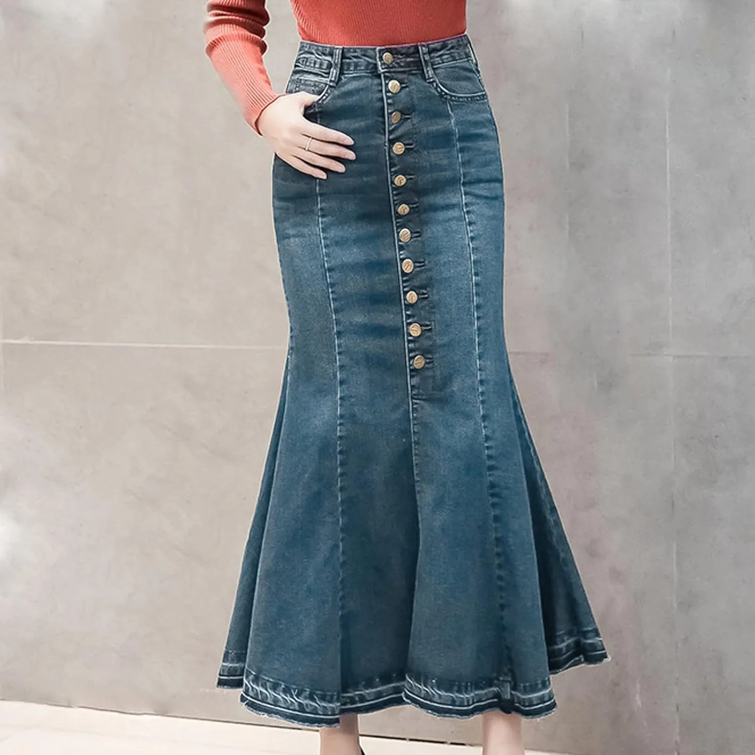 Women Top Denim Skirt Medium Length Skirt Slim Fit Denim Button-Front Skirt Midi Skirt Umbrella Skirt