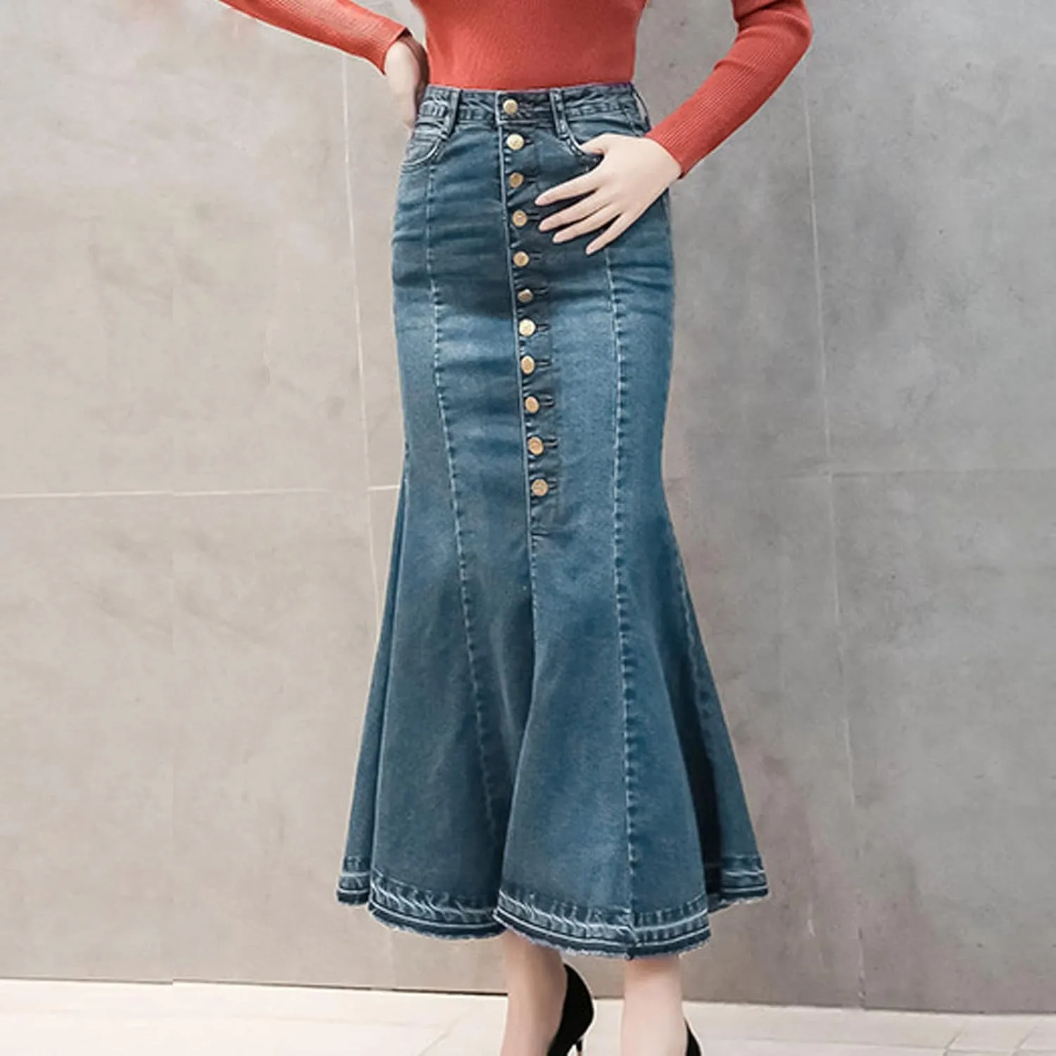 Women Top Denim Skirt Medium Length Skirt Slim Fit Denim Button-Front Skirt Midi Skirt Umbrella Skirt
