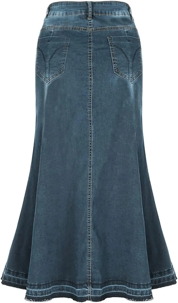 Women Top Denim Skirt Medium Length Skirt Slim Fit Denim Button-Front Skirt Midi Skirt Umbrella Skirt
