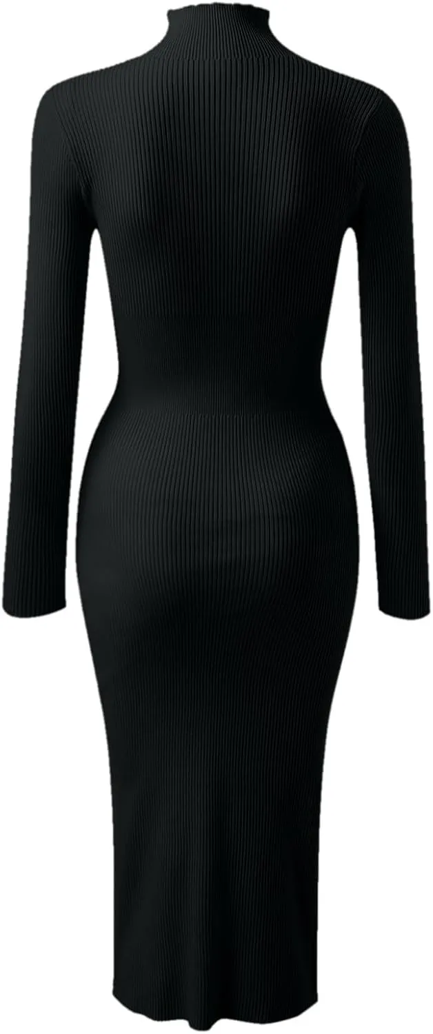 Women Turtleneck Long Sleeve Knit Elasticity Slim Sweater Dress Midi Wrap Dress