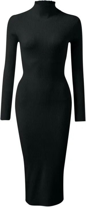 Women Turtleneck Long Sleeve Knit Elasticity Slim Sweater Dress Midi Wrap Dress
