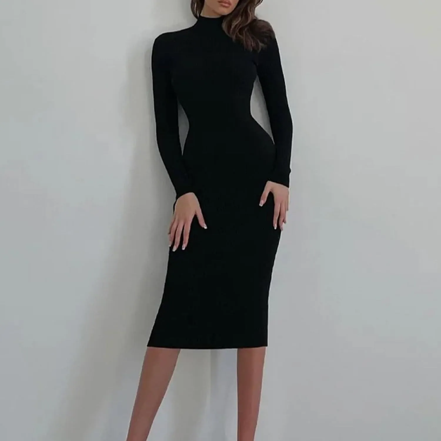 Women Turtleneck Long Sleeve Knit Elasticity Slim Sweater Dress Midi Wrap Dress