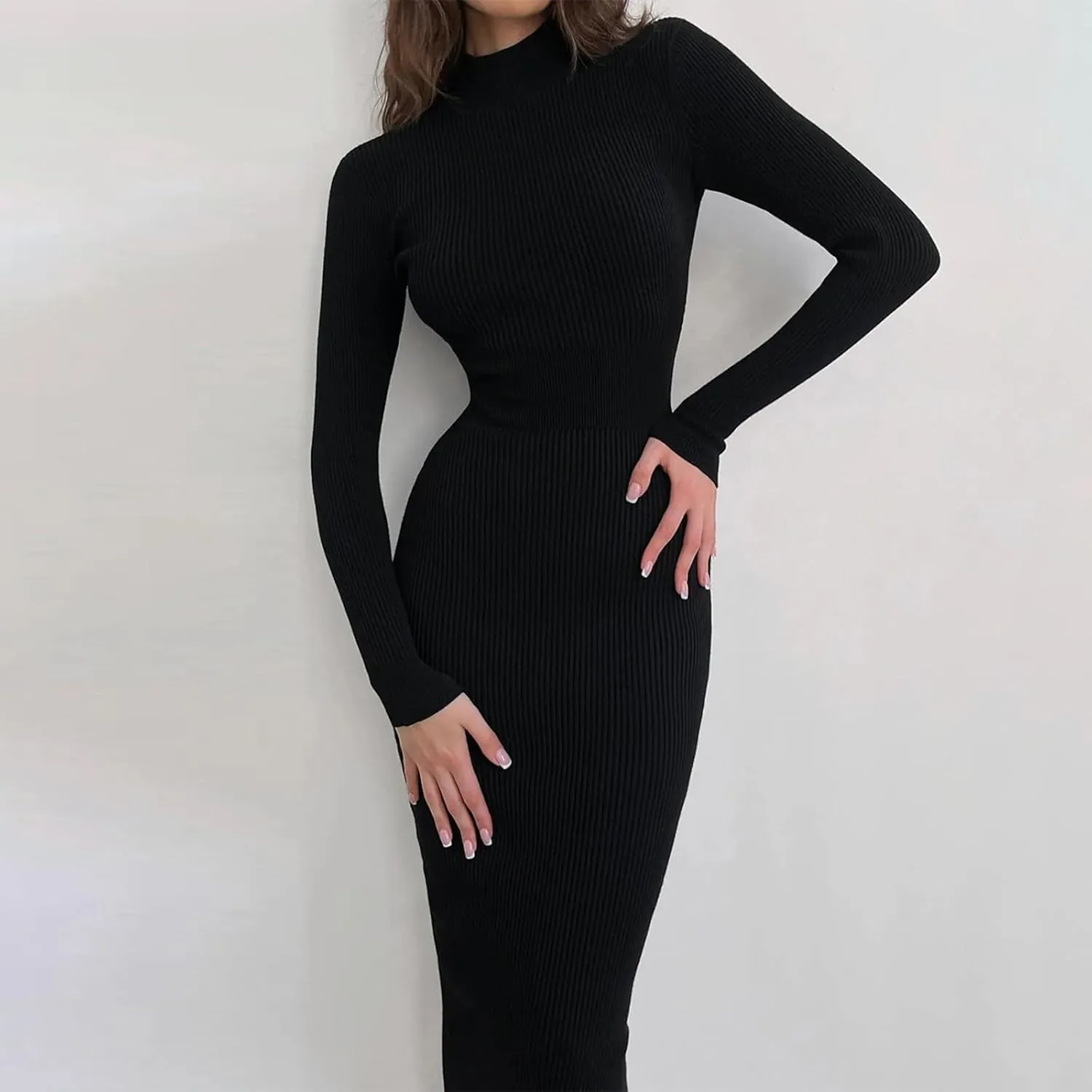Women Turtleneck Long Sleeve Knit Elasticity Slim Sweater Dress Midi Wrap Dress