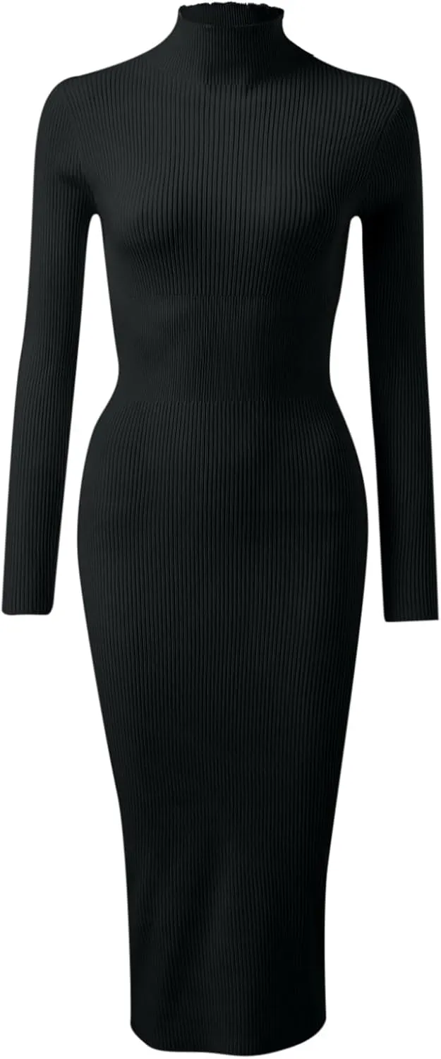 Women Turtleneck Long Sleeve Knit Elasticity Slim Sweater Dress Midi Wrap Dress