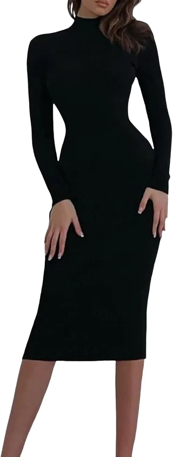 Women Turtleneck Long Sleeve Knit Elasticity Slim Sweater Dress Midi Wrap Dress