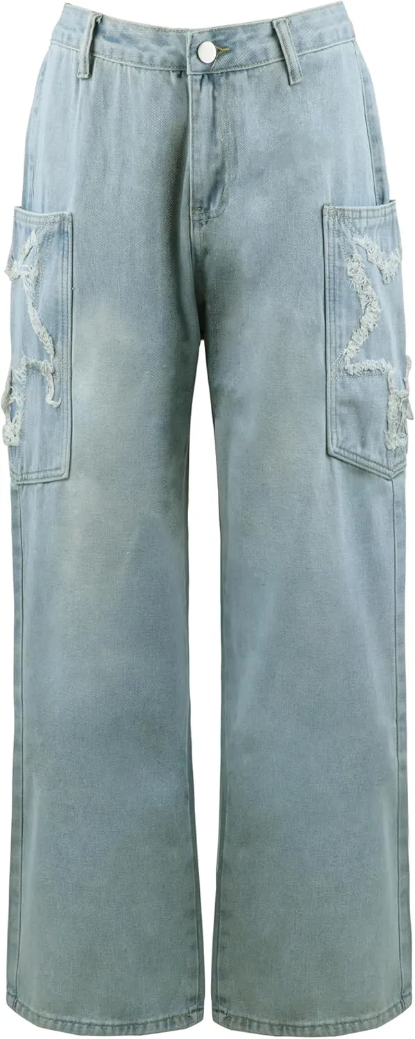 Womens Baggy Y2k Jeans Star Patch Denim Pants Big Pocket Cargo Jeans Vintage High Waist Jeans