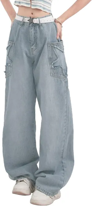 Womens Baggy Y2k Jeans Star Patch Denim Pants Big Pocket Cargo Jeans Vintage High Waist Jeans