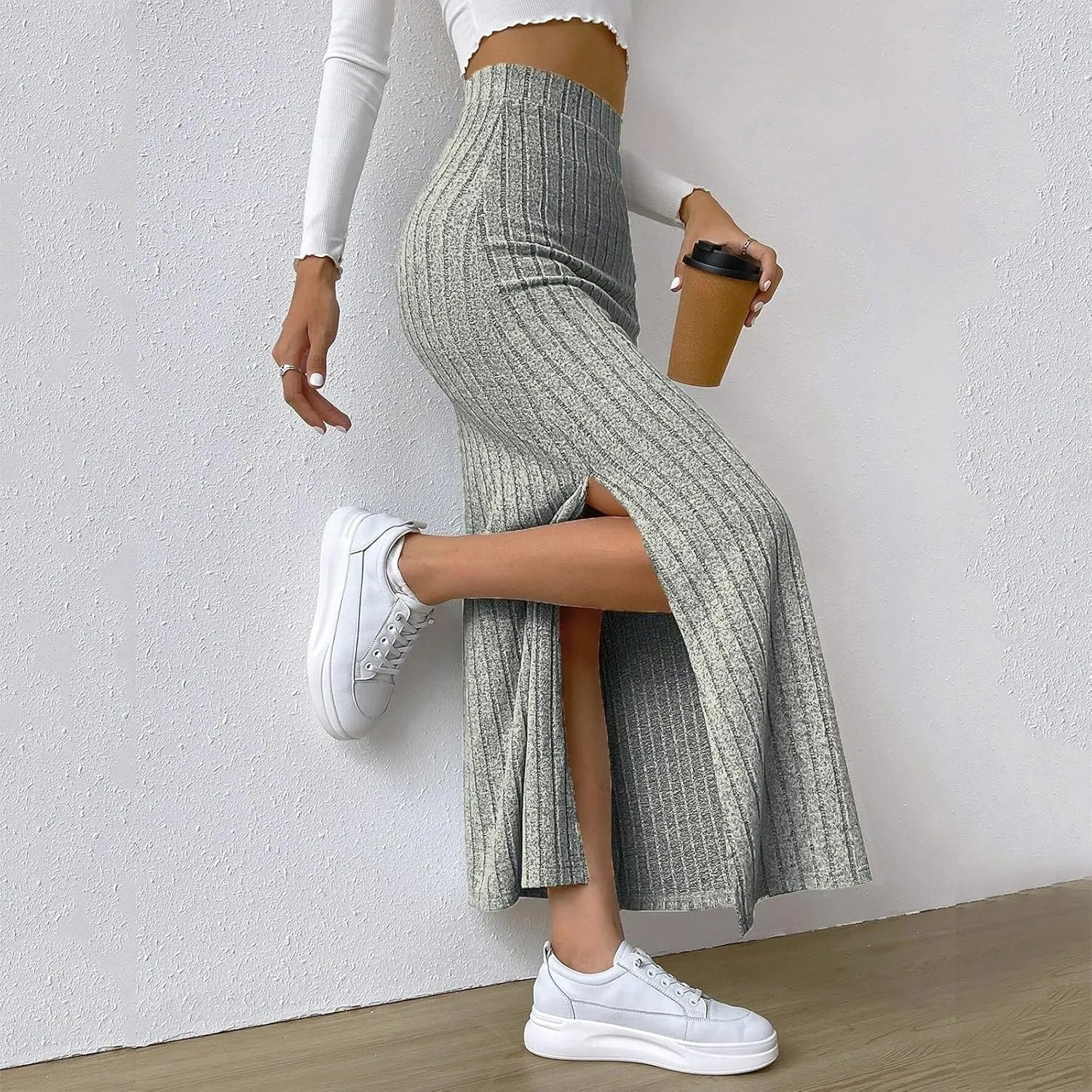 Women's Basic Solid Slim Knitted Skirt High Waist Length Maxi Skirt Casual Skirt 2024 Pencil Slit Dressy
