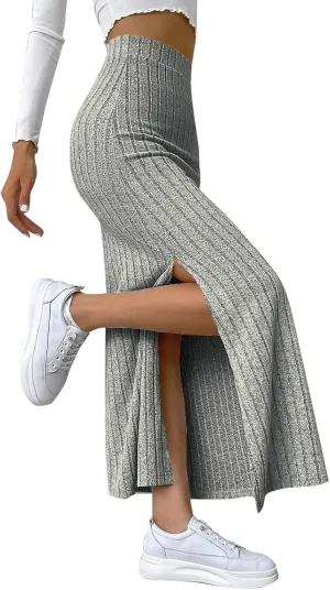 Women's Basic Solid Slim Knitted Skirt High Waist Length Maxi Skirt Casual Skirt 2024 Pencil Slit Dressy