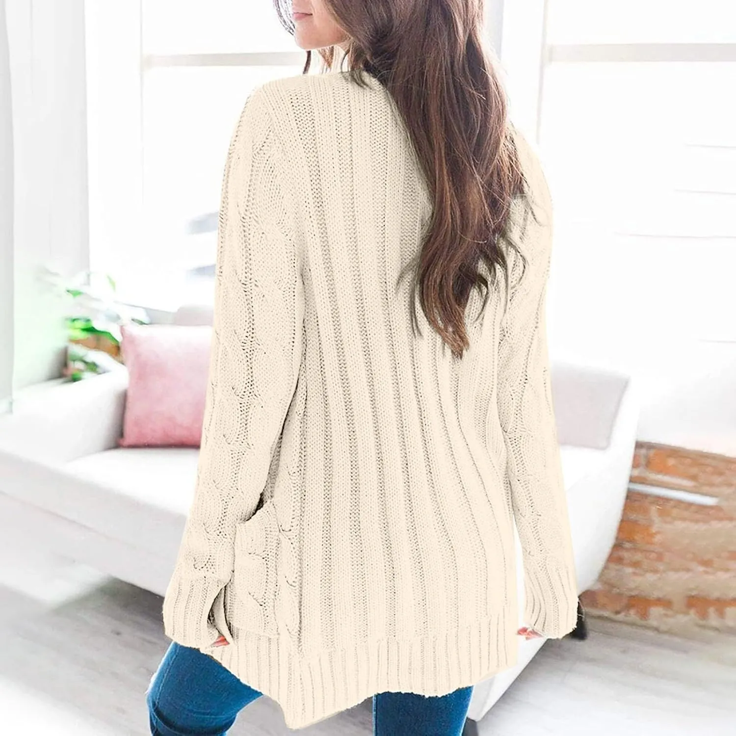 Womens Cable Knit Cotton Cardigan Sweaters Button V Neck Open Front Midi Sweater Jacket Winter Chunky Sweater Coat