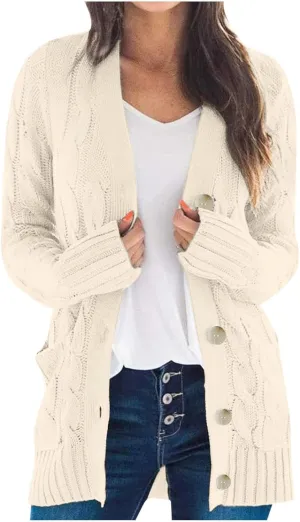 Womens Cable Knit Cotton Cardigan Sweaters Button V Neck Open Front Midi Sweater Jacket Winter Chunky Sweater Coat