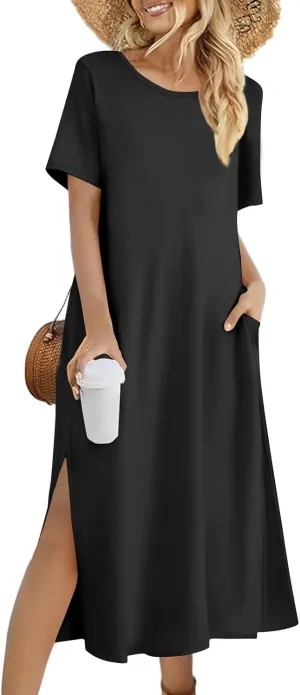 Women's Casual Loose Fit Short Sleeve Midi Beach Dress with Side Slits Comfortable Summer Beach Wear