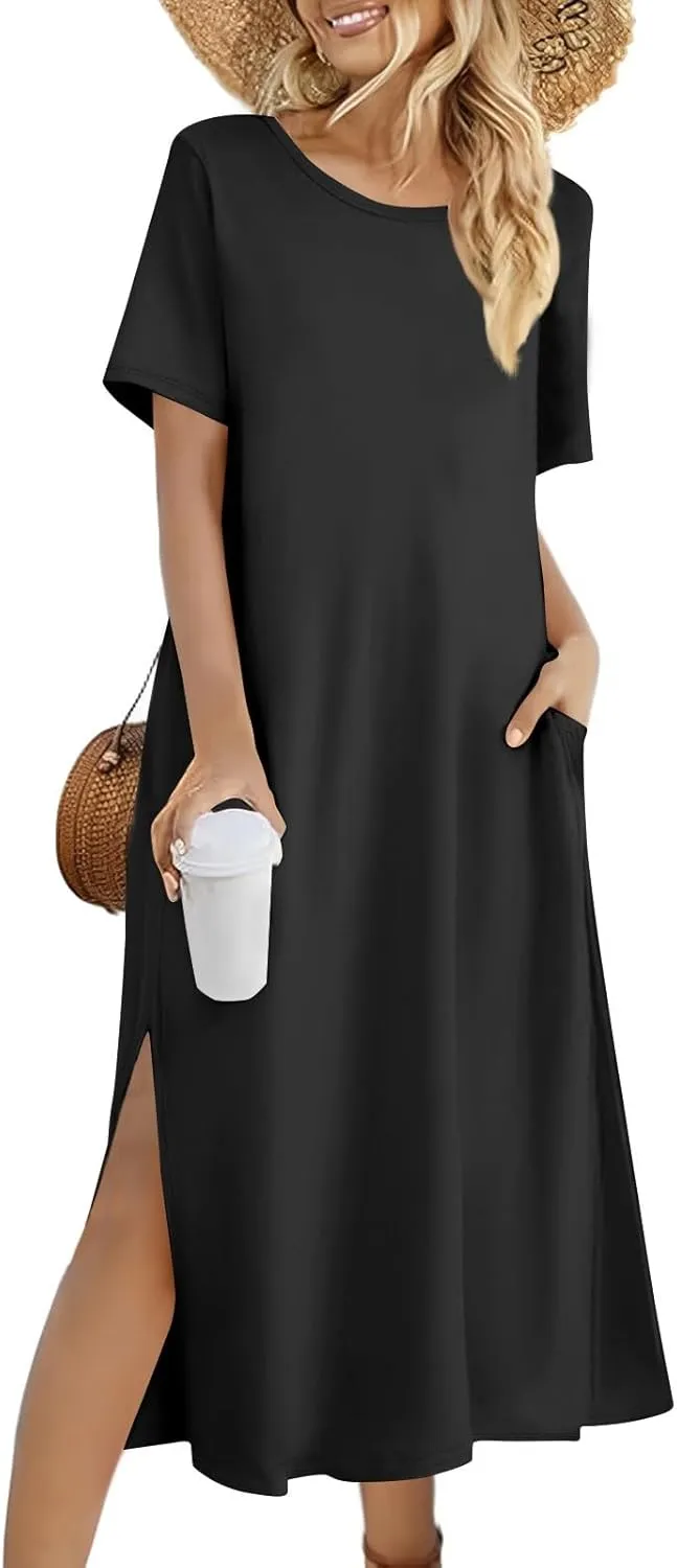 Women's Casual Loose Fit Short Sleeve Midi Beach Dress with Side Slits Comfortable Summer Beach Wear