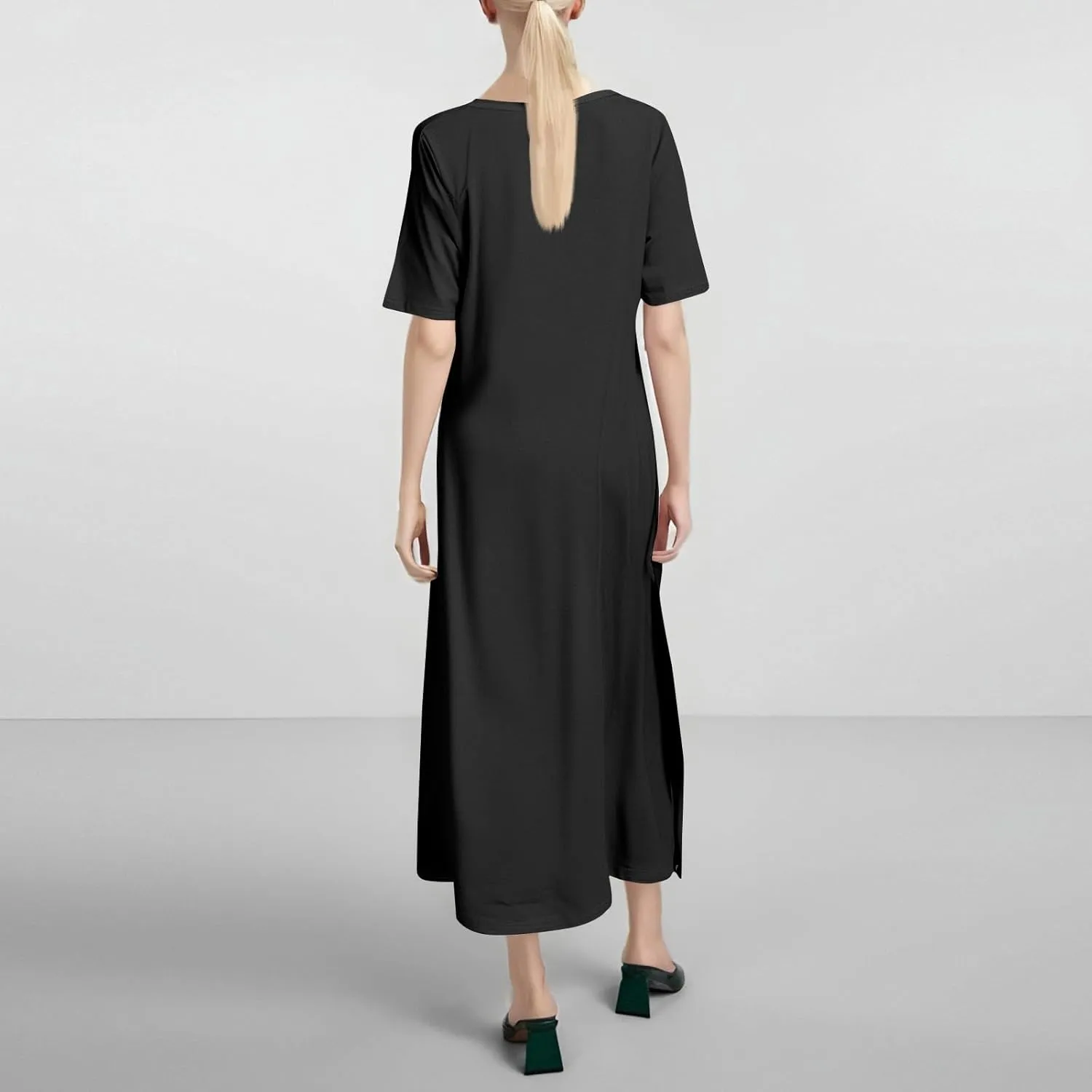 Women's Casual Loose Fit Short Sleeve Midi Beach Dress with Side Slits Comfortable Summer Beach Wear