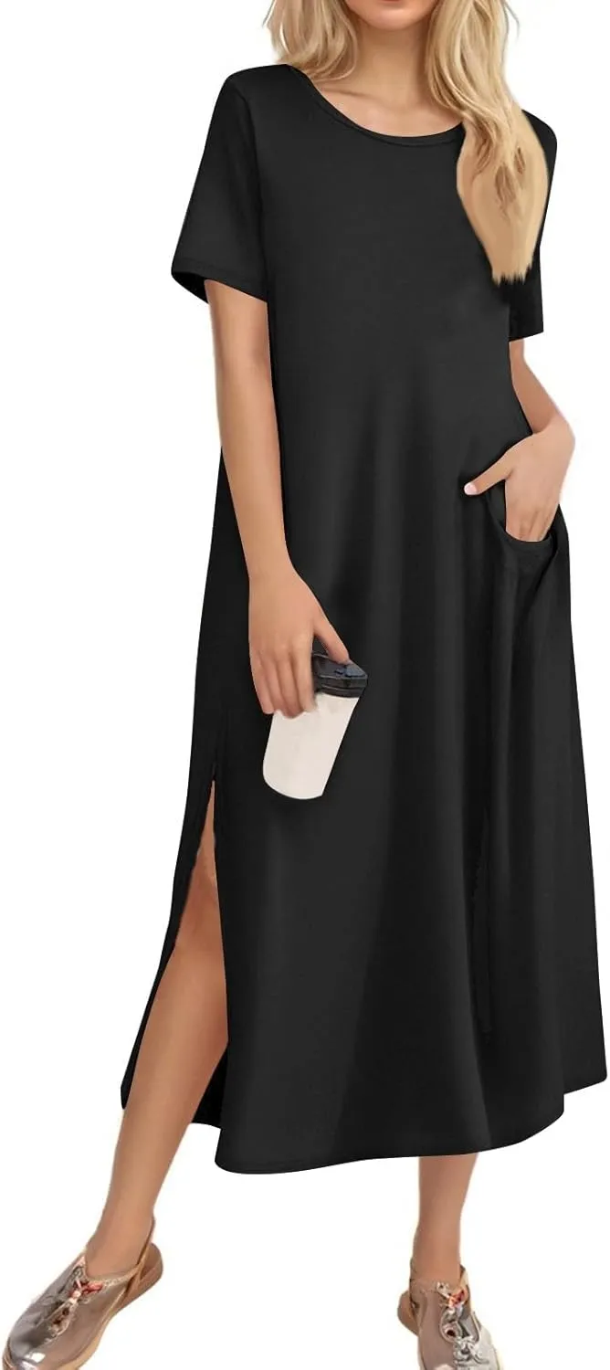 Women's Casual Loose Fit Short Sleeve Midi Beach Dress with Side Slits Comfortable Summer Beach Wear