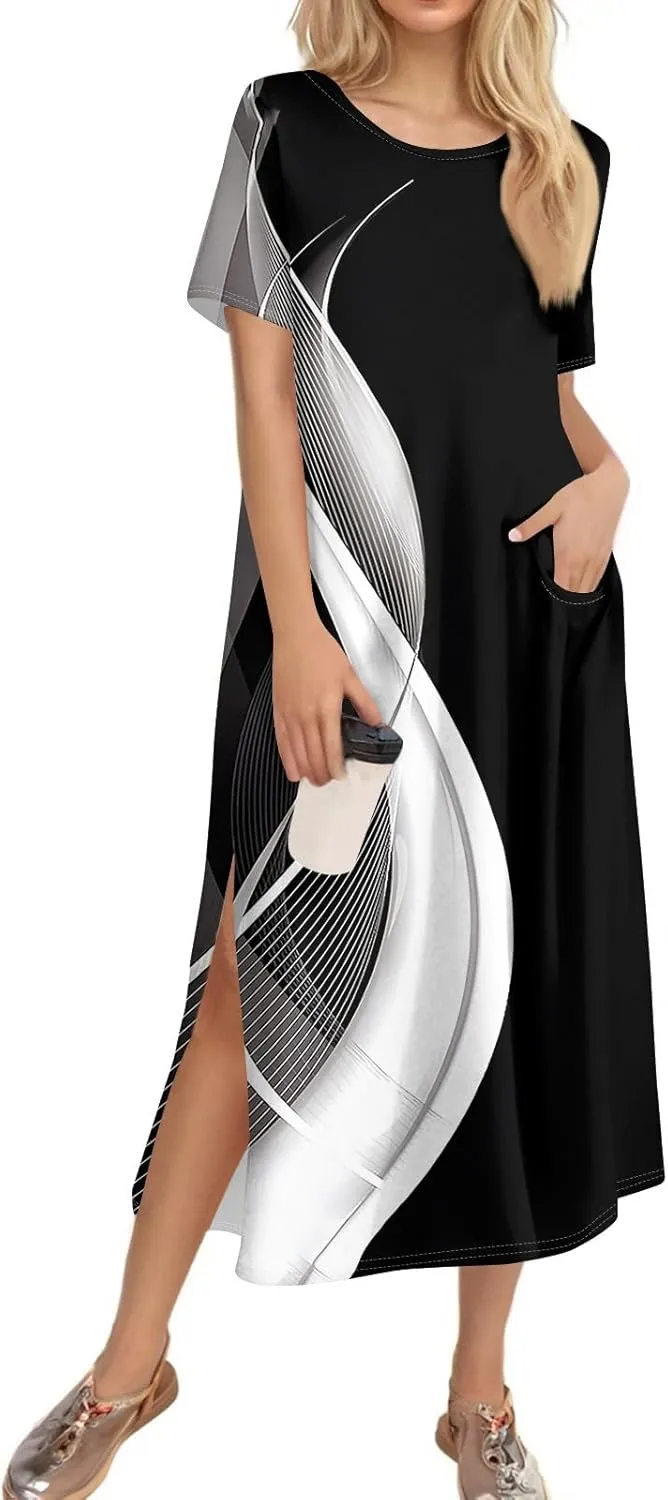 Women's Casual Loose Fit Short Sleeve Midi Casual Dress with Side Slits Comfortable Summer Beach Wear